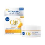 Nivea Q10 Anti-Wrinkle Energy Radiance Boost Day Care packaging and jar, Vitamin C Instant Glow, orange slice graphic.