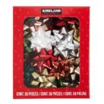 Box of 50 assorted gift bows (red, white, silver, gold, green) in a red package with a clear window showing the bows and Kirkland Signature branding.