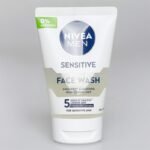NIVEA MEN Sensitive Face Wash tube for mild cleansing and sensitive skin, 0% alcohol label visible on top left.