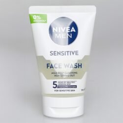 NIVEA MEN Sensitive Face Wash tube for mild cleansing and sensitive skin, 0% alcohol label visible on top left.