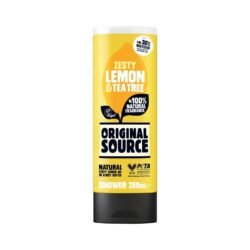Yellow Original Source shower gel bottle with zesty lemon & tea tree label, 250 ml, vegan and natural fragrance emphasized