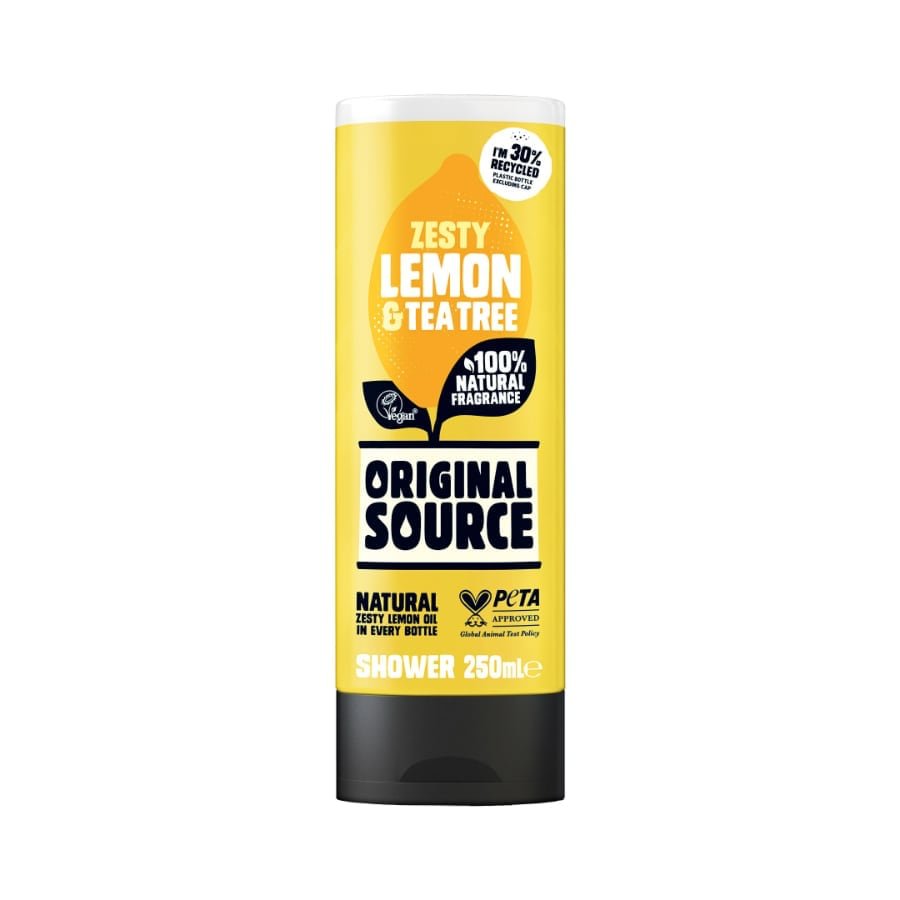 os-product-lemon-fop - Radau Viska Yellow Original Source shower gel bottle with zesty lemon & tea tree label, 250 ml, vegan and natural fragrance emphasized
