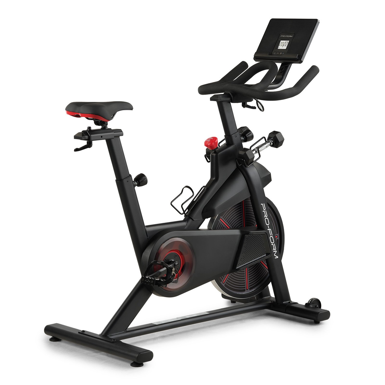 proform-pro-trainer-500-bike-front-angle_1600 - Radau Viska ProForm indoor cycling bike with adjustable seat and aero handlebars, featuring a mounted digital console on the front panel