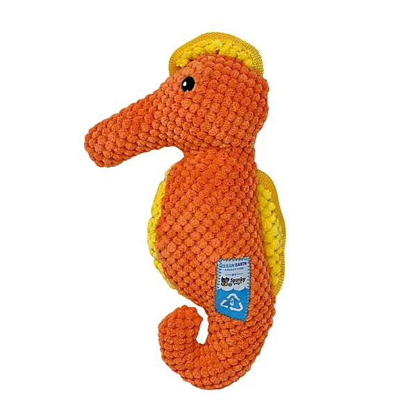 Orange plush seahorse toy with yellow fins and a blue tag visible on its side.