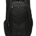 Black backpack with multiple zip compartments, padded front panel, and top handle.