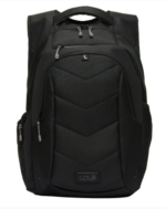 Black backpack with multiple zip compartments, padded front panel, and top handle.