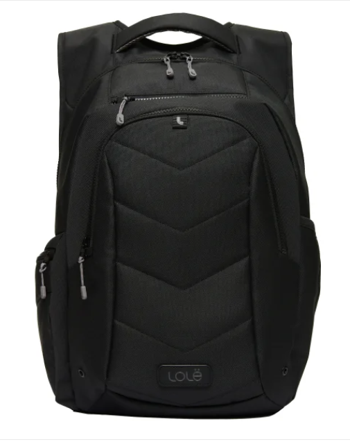 Black backpack with multiple zip compartments, padded front panel, and top handle.