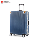 Blue, vertical-ridged hard-shell suitcase with four wheels, a telescoping handle, white trims, and built-in lock (Swiss Military product).