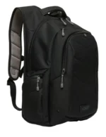 Black backpack with multiple zip compartments and padded shoulder straps, shown from a side angle for everyday use