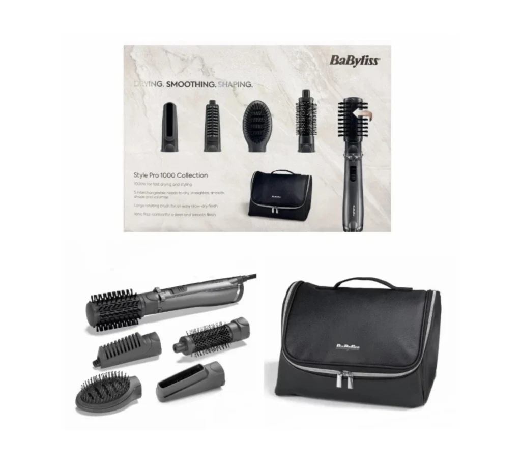 BaByliss Style Pro 1000 Collection with multiple brush attachments and a black carrying case.