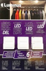 Luminus display for automatic LED drawer and cabinet lights, six white modules on purple packaging.