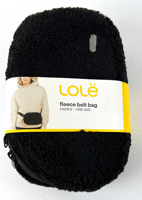 Black fuzzy fleece belt bag by LOLË with a yellow label around it on a white background