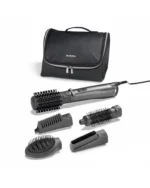 Travel-size hair styling kit: black carrying case with multiple interchangeable brush attachments and a linked power cord.