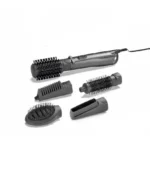 Corded hair styling tool with five interchangeable brush attachments laid out on a white background.