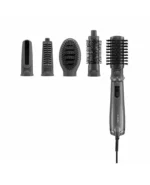 Corded hair styling wand with five interchangeable brushes: concentrator nozzle, small vent brush, oval brush, mid-size vent brush, and large round brush
