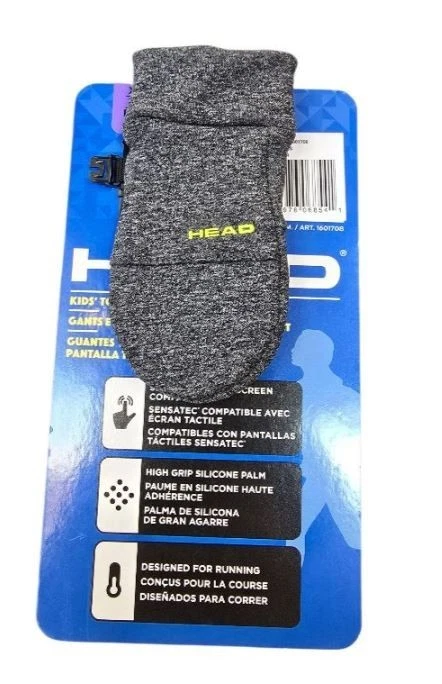 Gray textured running glove with a high-grip silicone palm, HEAD brand, placed against blue product packaging.