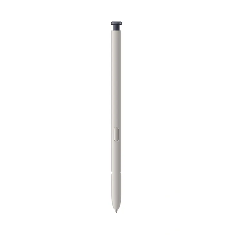 Silver stylus pen shown in profile with a small side button and a pointed tip at the bottom
