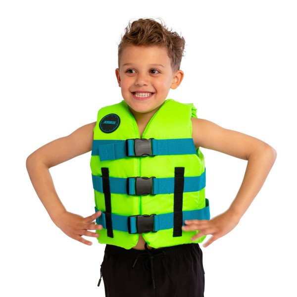 vaikiska-gelbejimosi-liemene-jobe-nylon-life-vest- - Radau Viska Smiling boy in a neon green life jacket with blue straps, standing with hands on hips against a white background.