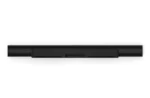 Rear view of a long, slim black soundbar with vent grills on both sides and a central panel plate on white background.