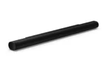 Long black Sonos soundbar resting on a white surface, viewed from a slight angle