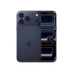 Front and back view of a dark blue iPhone with a triple-lens camera system on the back and Apple logo visible