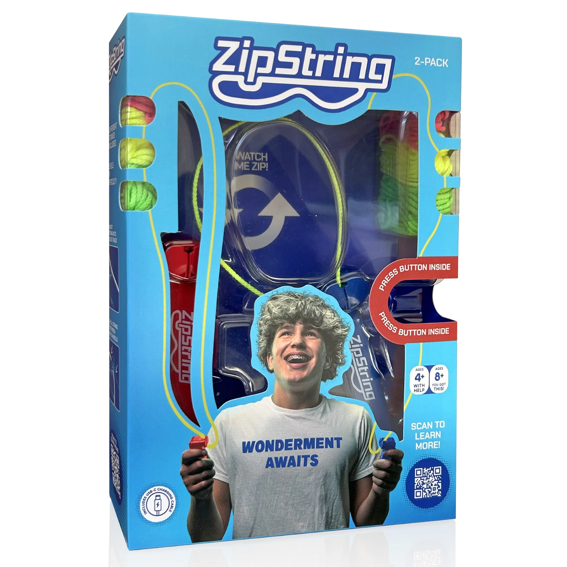 MMZIP008 - Radau Viska Blue ZipString product box packaging with a smiling boy on the front and the bright ZipString logo visible.