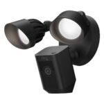 Black Ring outdoor spotlight camera with two adjustable floodlights and a central doorbell-style camera