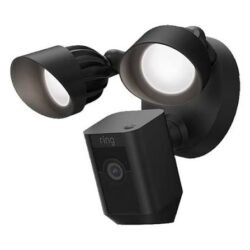 Black Ring outdoor spotlight camera with two adjustable floodlights and a central doorbell-style camera