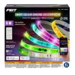 Product packaging for Feit Electric Smart Colour Chasing LED Strip Light; shows color-changing LED strips and remote with Wi‑Fi/app compatibility, 6 m length, and music sync feature.