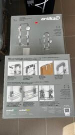 Boxed Artikal Trent shower caddy with chrome rack and shelves, showing installation diagrams and accessories visuals.