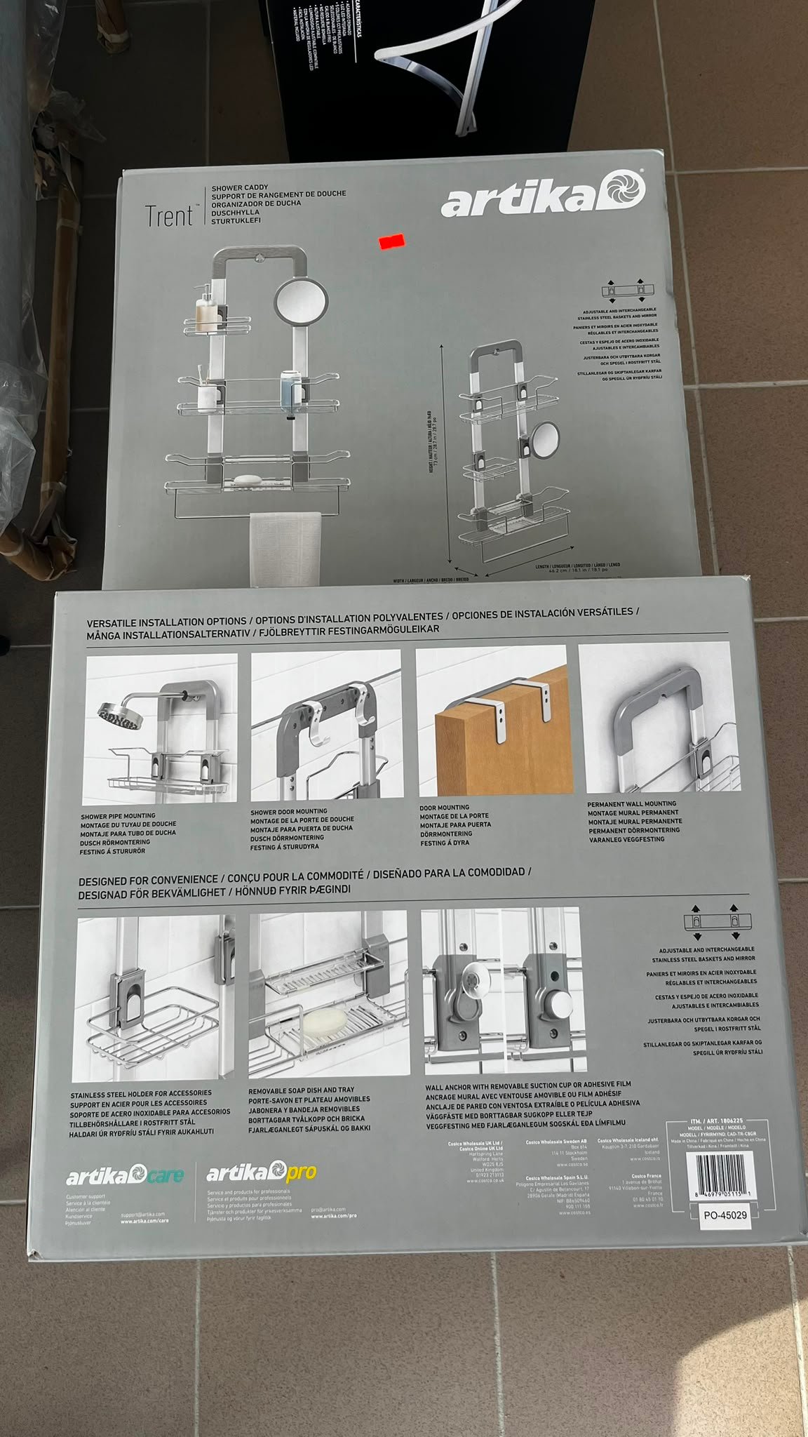WhatsApp Image 2026-08-01 at 111639 - Radau Viska Boxed Artikal Trent shower caddy with chrome rack and shelves, showing installation diagrams and accessories visuals.