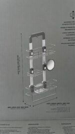 Adjustable stainless-steel shower caddy with multiple wire baskets and a round wall-mount mirror on a boxed product image.