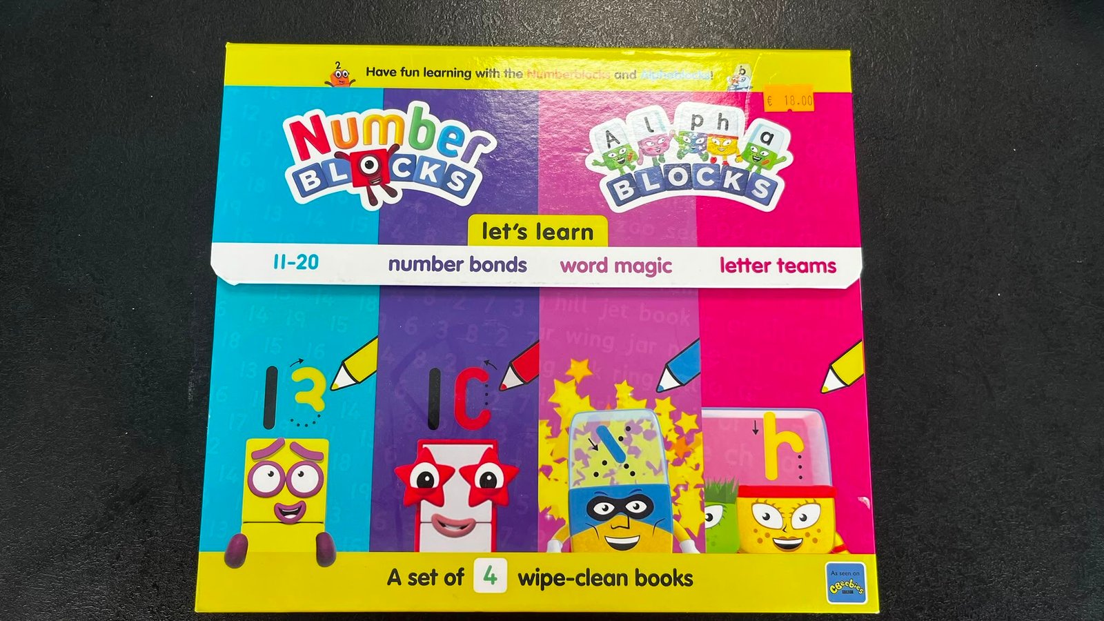 WhatsApp Image 2026-08-01 at 111906 - Radau Viska Colorful Number Blocks wipe-clean books box set for learning numbers and letters, bright yellow packaging visible.