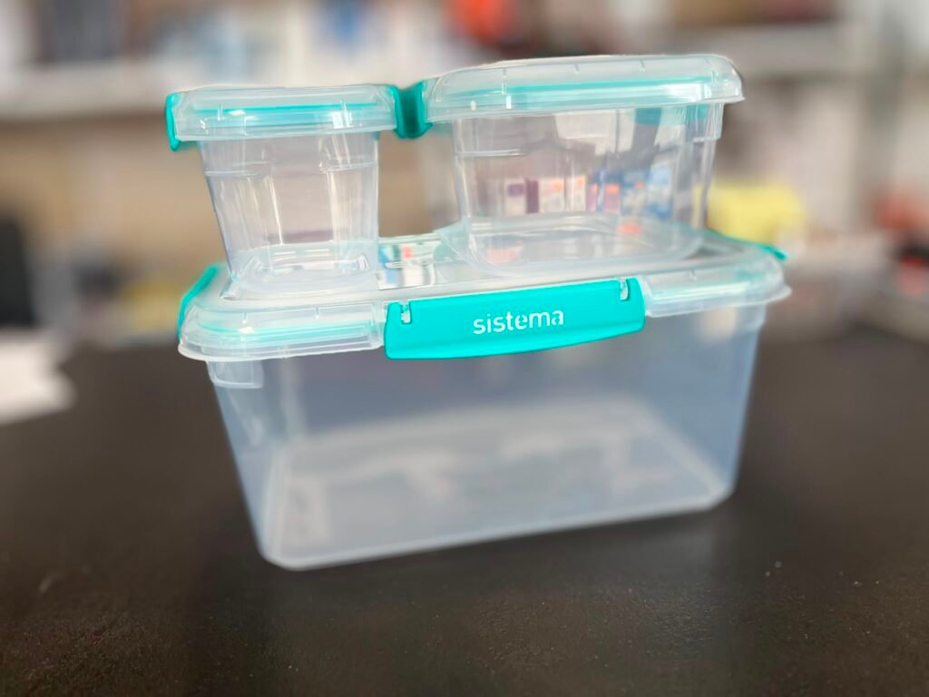 Transparent two-compartment pill organizer with turquoise lids connected side by side on a blue base; blurred background behind it.