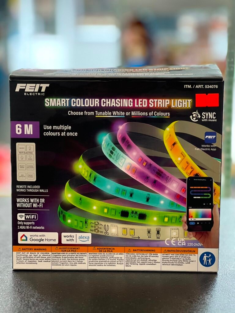 FEIT Electric Smart Colour Chasing LED Strip Light box with rainbow LED strips and app control iconography