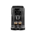 De'Longhi espresso machine brewing two cups with a metal drip tray and two glass cups underneath.