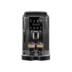 De'Longhi espresso machine brewing two cups with a metal drip tray and two glass cups underneath.