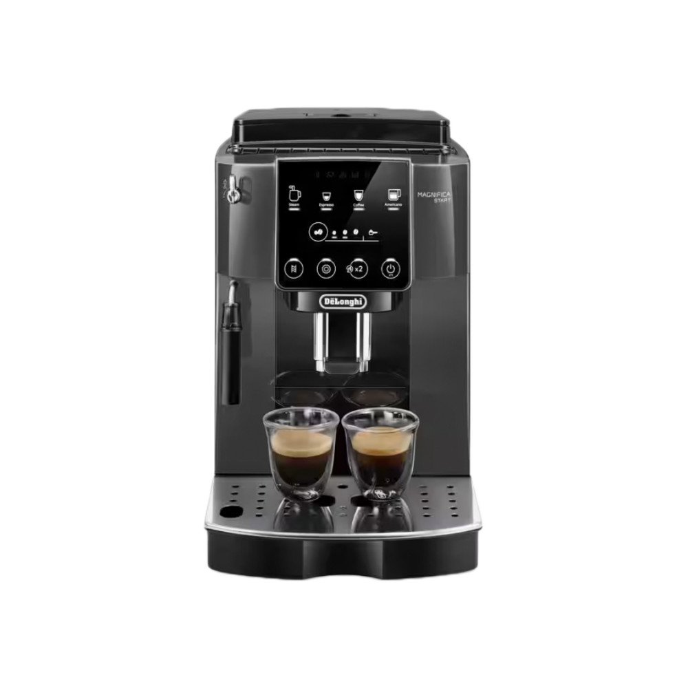 De'Longhi espresso machine brewing two cups with a metal drip tray and two glass cups underneath.