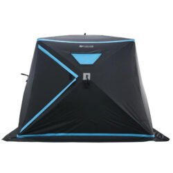 Pyramid-style camping tent with black fabric and blue trim pitched on a groundsheet, viewed from the front.