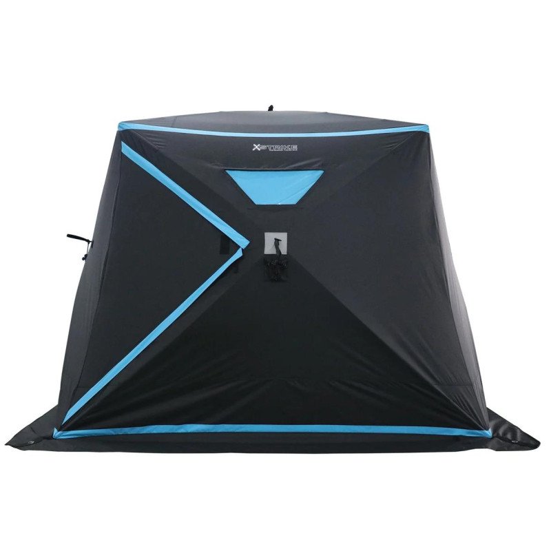 ice-fishing-tent- - Radau Viska Pyramid-style camping tent with black fabric and blue trim pitched on a groundsheet, viewed from the front.
