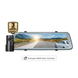 Dashboard camera mounted in a car rearview mirror showing a highway scene; includes 1080P rear camera and a 3-year warranty badge