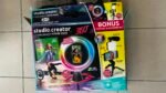 Box packaging for Studio Creator 2-in-1 video maker and podcast kit with colorful graphics and a smartphone mount