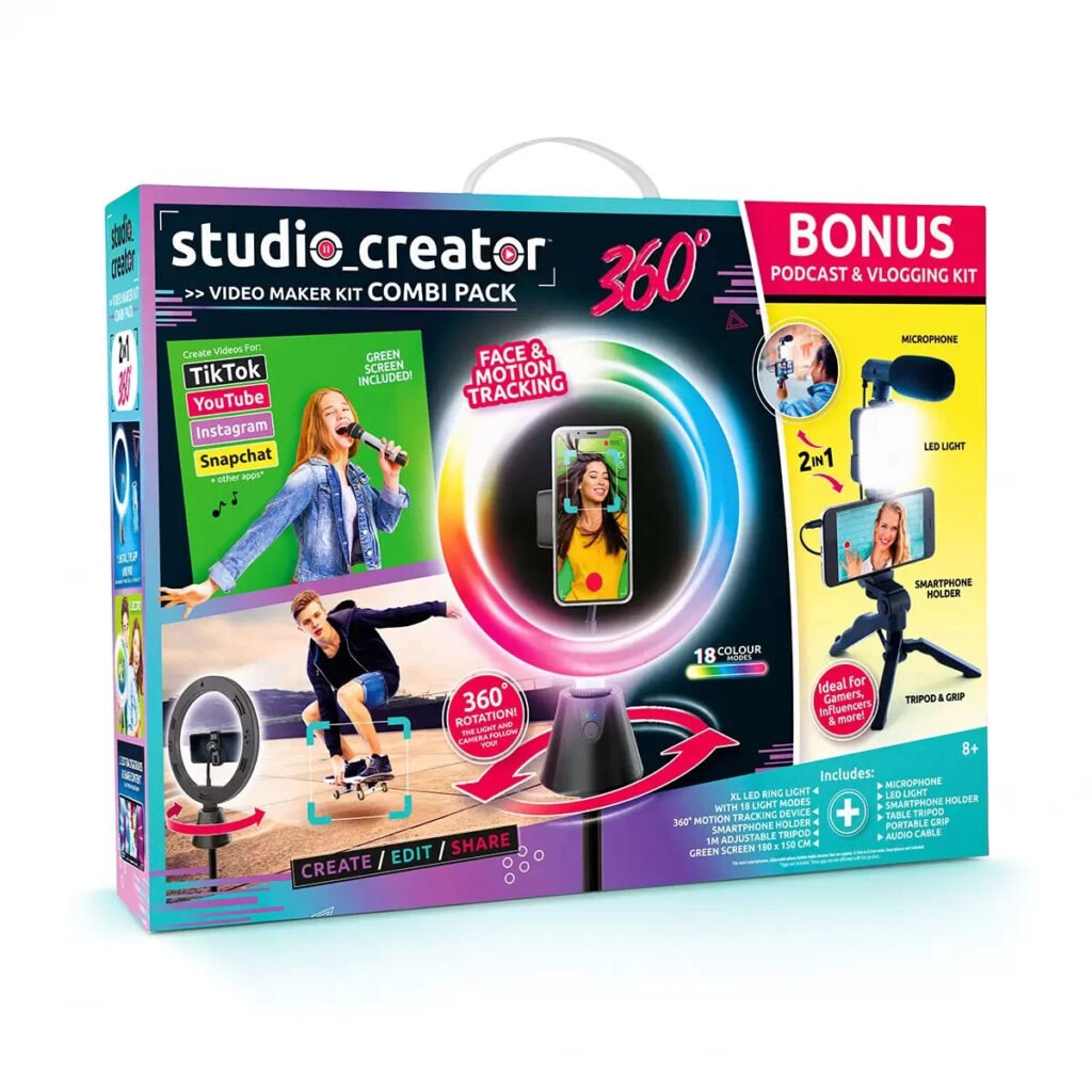 Colorful Studio Creator 360 video kit box with ring light and smartphone mount.