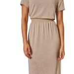 Beige midi dress with short sleeves and gathered waist on a model.