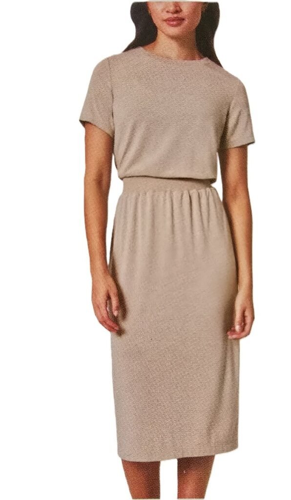 Beige midi dress with short sleeves and gathered waist on a model.