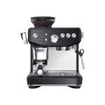 Sage espresso machine with a bean hopper on top, portafilter inserted, and a steam wand on the right.
