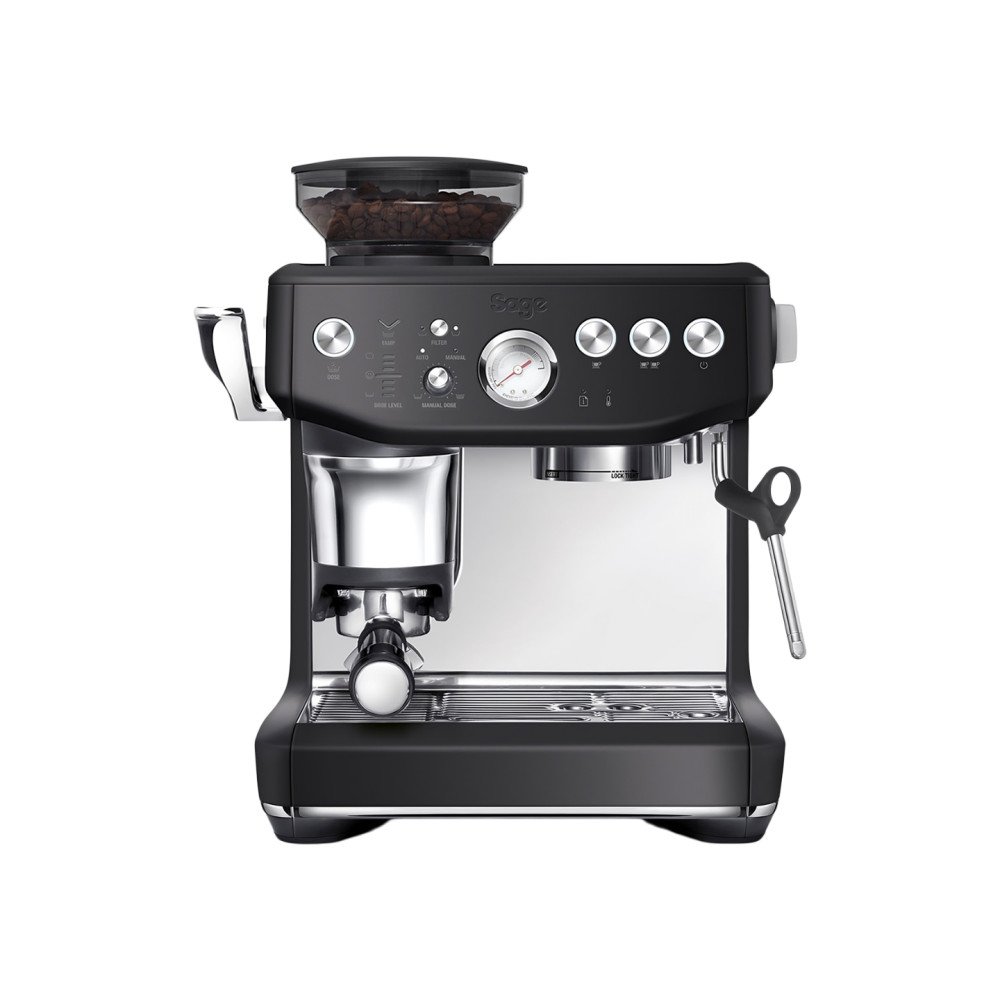 Sage espresso machine with a bean hopper on top, portafilter inserted, and a steam wand on the right.
