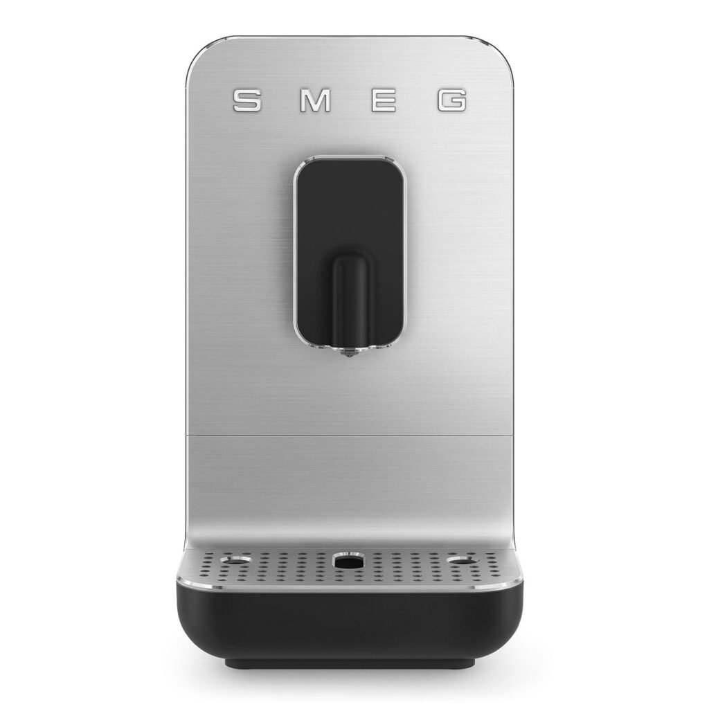 Front view of a Smeg stainless steel espresso machine with a central black lever and perforated drip tray at the base.