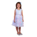 Young girl in a pastel blue layered tutu dress with a matching bow, smiling at the camera.