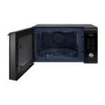 Black microwave oven with the door open, showing a glass turntable inside and the control panel on the right.